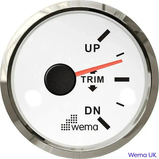 Circular Trim Tab Position Gauge with red indicator needle and UP, TRIM, DN markings