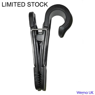 Black universal clip with a curved hook for versatile mounting solutions