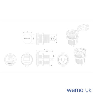 Technical schematic of a USB Charging Port & Voltmeter with dimensions and views