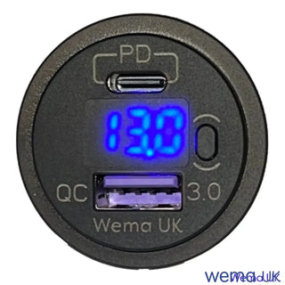 Circular USB charger with blue display for Wema USB charging and voltmeter incorporates USB-3