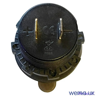 Circular black plastic panel mount USB charging component with voltmeter and prongs