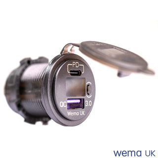 Panel mount USB charging port with protective cover and power indicator for vehicles