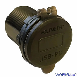 USB Charging Port & Voltmeter with digital display in circular housing for panel mount USB