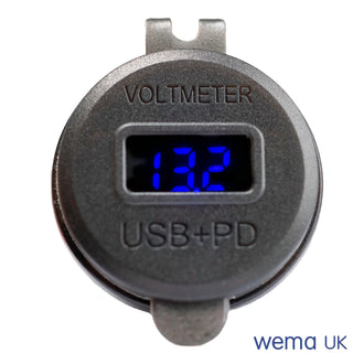 Circular voltmeter with digital display at 13.2 volts in Wema USB Charging product