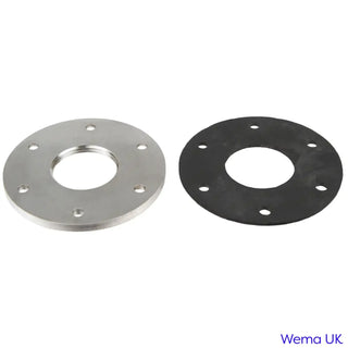 Two metal flanges, silver and black, for VDO Replacement Adapter and tank fitting flange