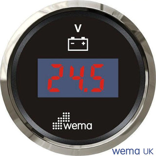 Digital Voltmeter Gauge with Chrome Bezel displaying 24.5 volts, IP67 rated Wema Voltmeter Gauge