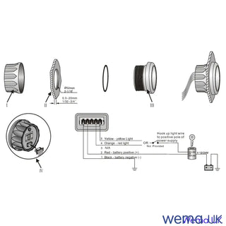 Technical diagram of a vehicle lighting system for Wema Voltmeter Gauge with IP67 rating