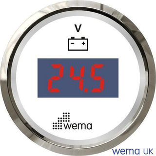 Wema Voltmeter Gauge displaying 24.5 volts, IP67 rated with customizable bezel colours